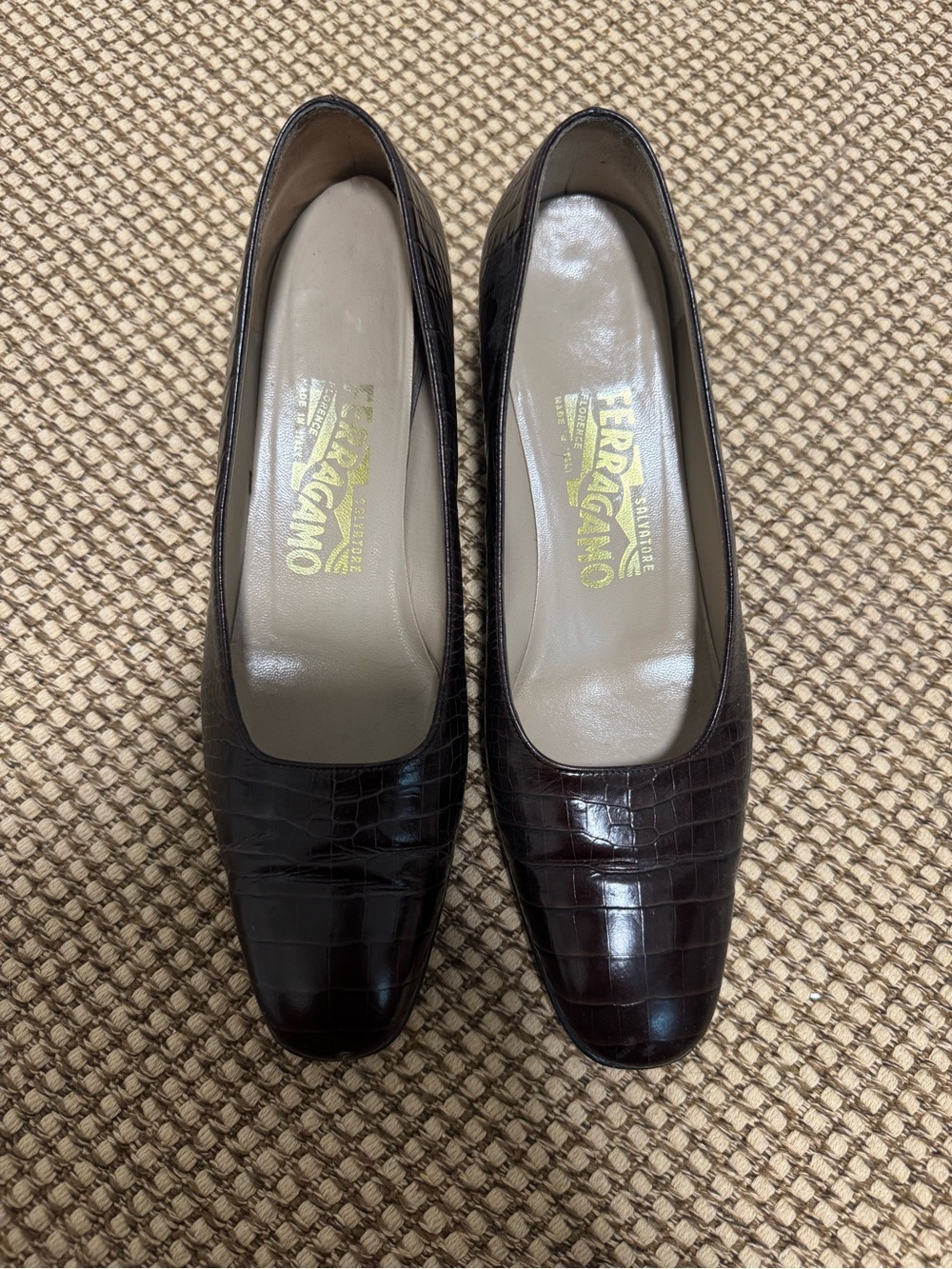 Salvatore Ferragamo Women's Brown Croc-Embossed Leather Pumps